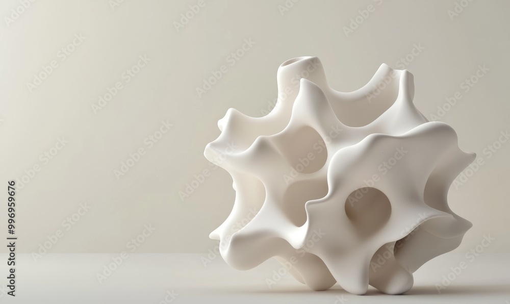 Poster an abstract white sculpture displayed against a plain background emphasizing the smooth curves and f