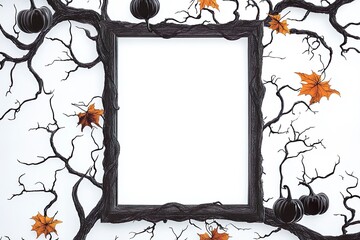 A Halloween frame with tree branches and black pumpkins