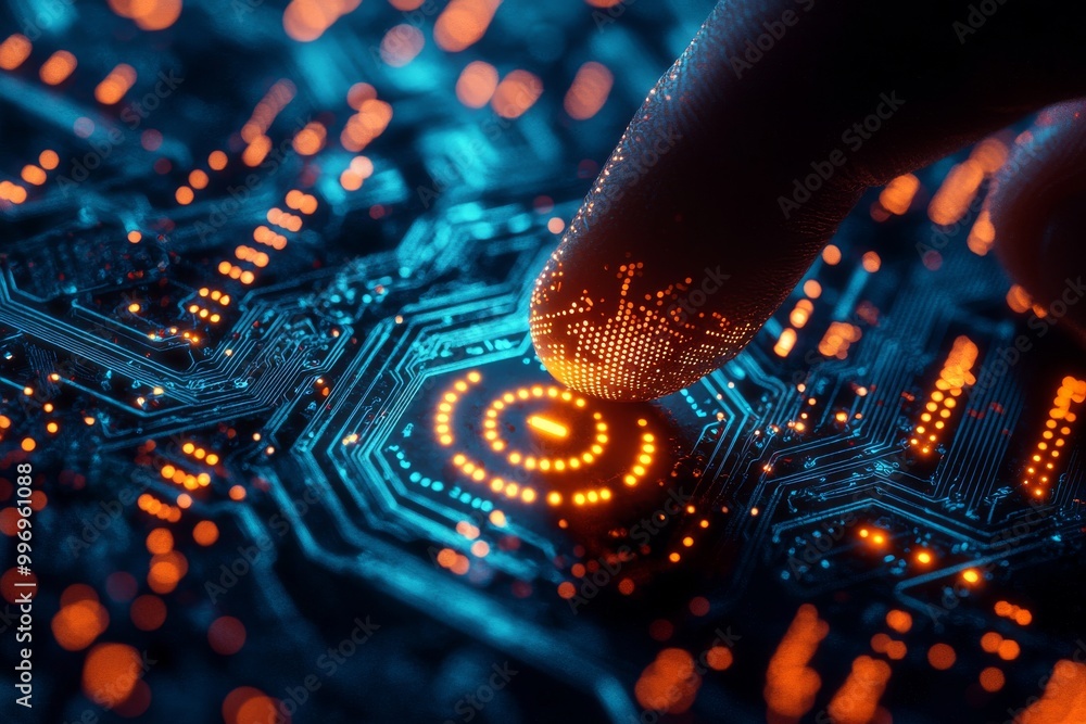 Poster image shows a futuristic touch interface with a biometric print in the background.