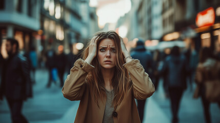 Fototapeta premium A distressed woman having a panic disorder in a bustling city, overwhelmed by fear and mental health struggles, feeling isolated despite being surrounded by people walking by. The