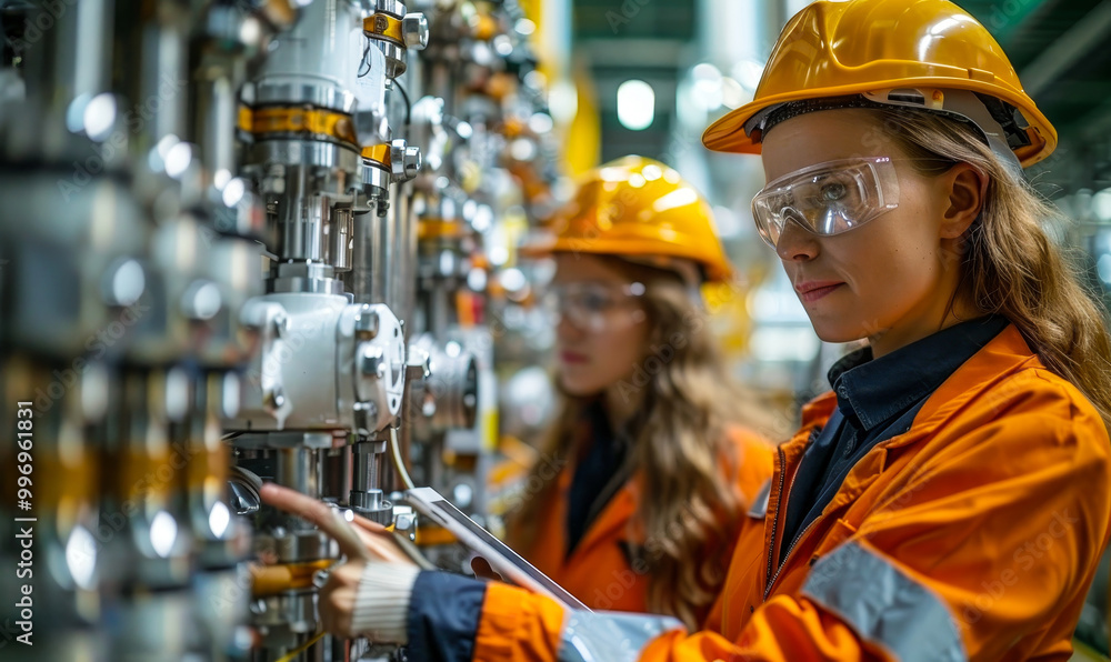 Poster engineers using augmented reality tablet for machinery maintenance and diagnostics in an industrial 