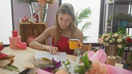 A young woman reads at a flower shop table with a coffee cup, surrounded by floristry supplies.