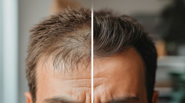 Before and after results of male pattern baldness solution for thinning hair and receding hairline. Hair restoration and treatment comparison