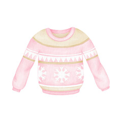 Pink warm sweater. Cute Christmas watercolor illustration on white background for textile and wrapping paper
