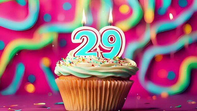 Birthday cupcake with burning lit candle with number 29. Number twentynine for twentynine years or twentynineth anniversary.