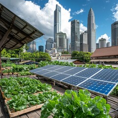 Fototapeta premium Integrating sustainability into urban living with a green roof, solar panels, and urban farming