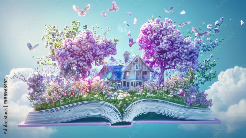 Poster This is a 3D illustration of a magical book with fantasy stories inside. The idea for World Book Day background is to create a copy space for the text.
