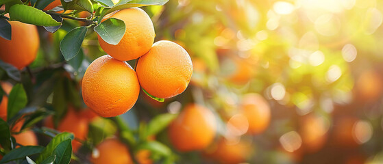 Fresh Ripe Oranges on Tree Branch with Sunlight