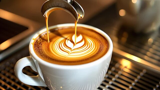 Close-up of a barista making a latte with intricate latte art, highlighting coffee preparation, barista skills, and the art of specialty drinks.

