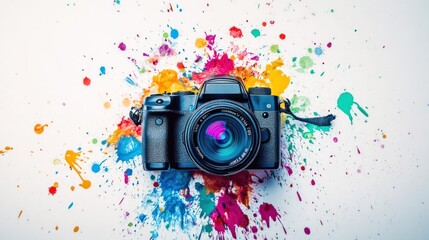 A camera surrounded by vibrant splashes of paint, symbolizing creativity and photography.