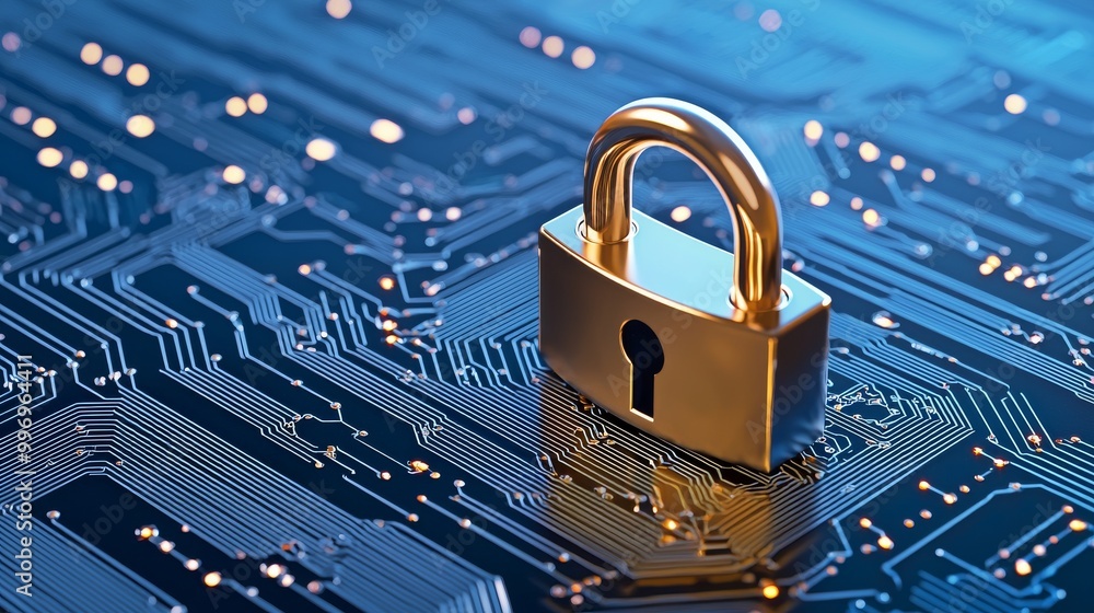 Poster digital assets and information are safeguarded by cyber security padlocks against unauthorized acces