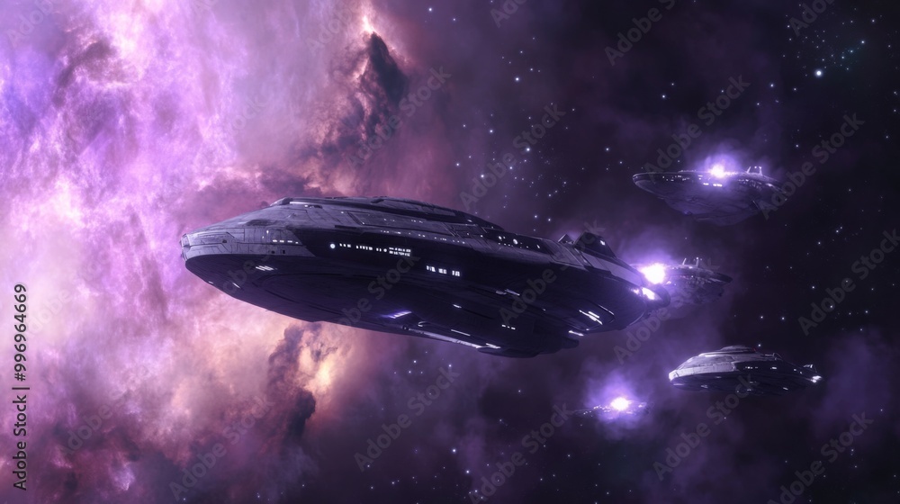 Aufkleber a fleet of advanced spacecraft navigates through a colorful nebula, with swirling gases and stars il