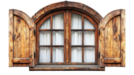 Wooden window with arched design and open shutters.