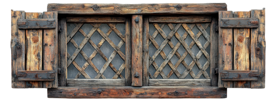 Wooden window shutter with a rustic design, transparent isolate background.