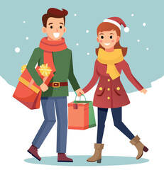 Fototapeta premium Happy couple enjoying winter holidays shopping time together
