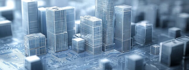 Digital blueprint of an illuminated industrial facility