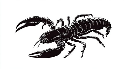 A black outline of a scorpion against a white background. This simple illustration shows the scorpion's shape and details. It's a vector image, meaning it can be resized without losing quality.