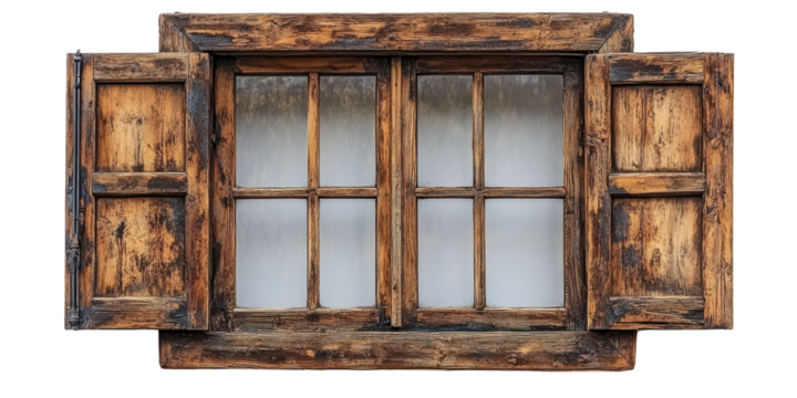 Rustic wooden window with opened shutters, transparent isolated background