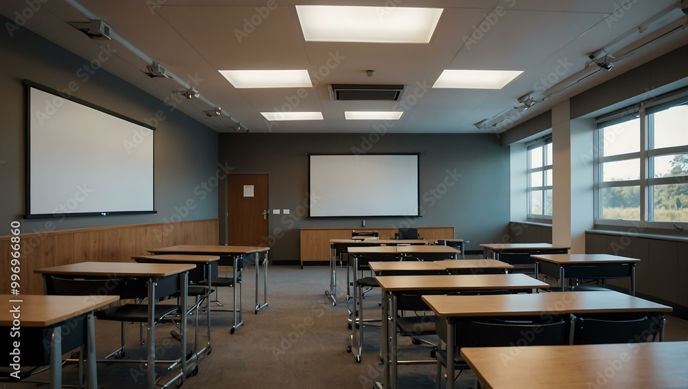 Poster modern classroom with a projector screen.