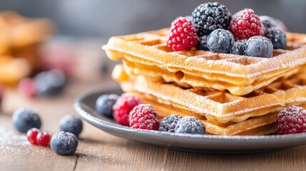 Golden brown waffles stacked and topped with fresh raspberries, blackberries, and blueberries, lightly dusted with powdered sugar. An appetizing breakfast treat.