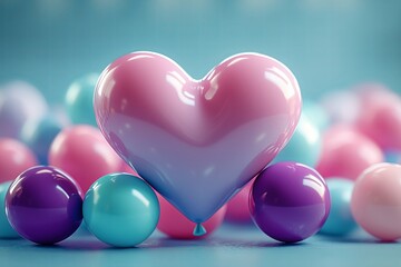 Pink, purple and turquoise balloons are arranged in a heart shape.