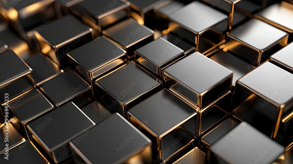 Poster abstract black and gold cube structures in 3d perspective