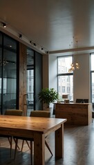 Modern office interior featuring a wooden table.