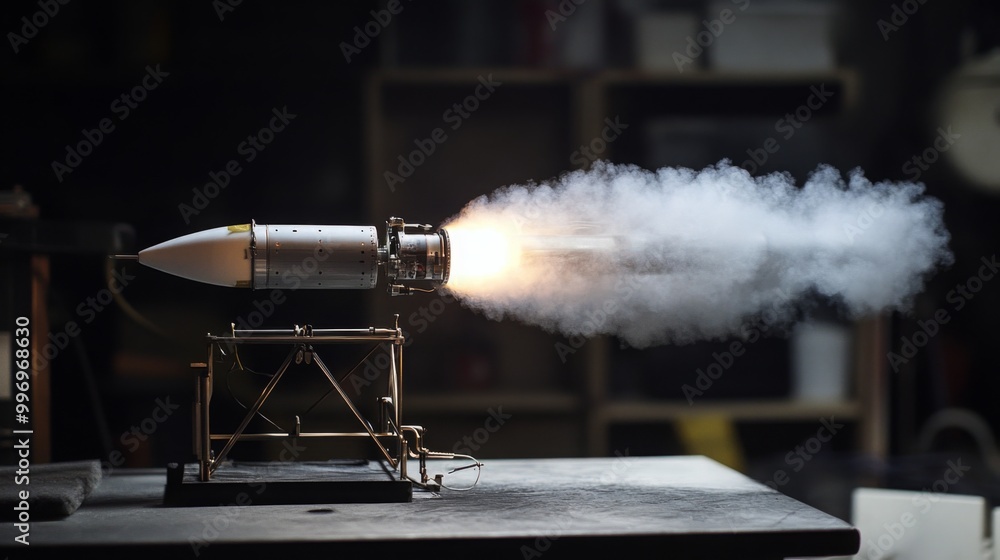 Poster a model rocket engine fires in a dimly lit workshop, producing a plume of smoke and bright flame. th