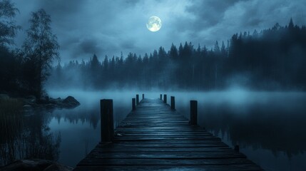 A creaky wooden pier stretches out over a still lake, shadowed by a spooky forest under a misty moon.