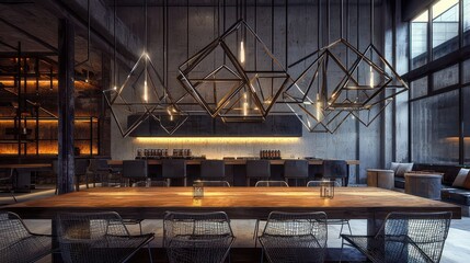 Fototapeta premium An industrial dining space with a large wooden table, metal chairs, and a series of geometric metal light fixtures above