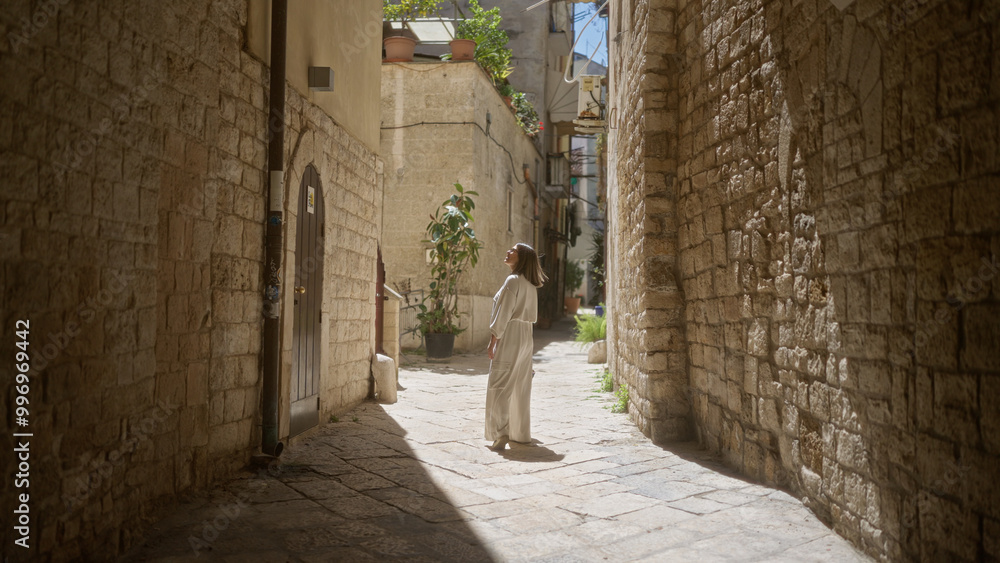 Wall mural A young hispanic woman walks through the charming, sunlit old town streets of bari, puglia, italy.