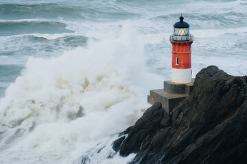 Obraz premium Lighthouse with a Panoramic View of the Ocean Waves, a Stunning Sight from the Top of the Tower