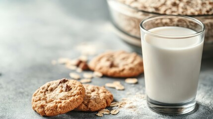 A clear glass of fresh milk accompanied by two cookies on a gray table; a comforting and nostalgic image of a classic snack, perfect for wholesome moments.