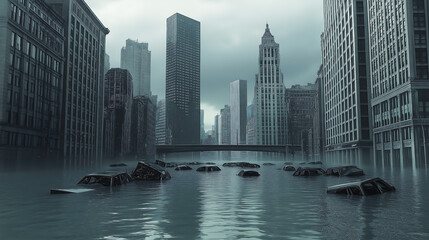 Obraz premium A post apocalyptic city submerged underwater after a global flooding disaster. Tall skyscrapers, bridges, and streets are underwater, with debris car floating on the surface