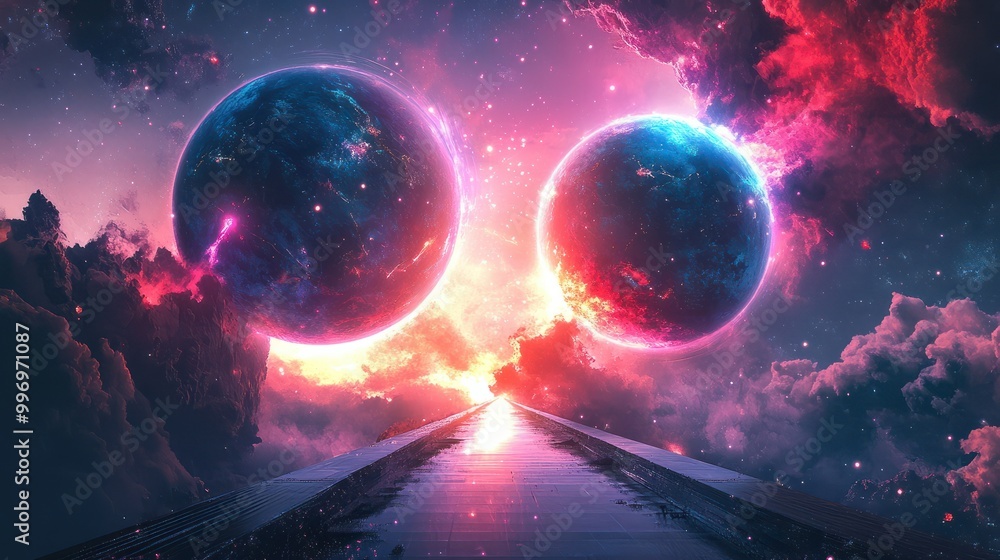 Poster a cosmic scene where two abstract planets are connected by a glowing bridge of light