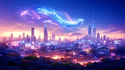 Obraz premium Ethereal dragon casts shimmering light over a bustling futuristic city.