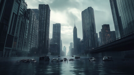 Fototapeta premium A post apocalyptic city submerged underwater after a global flooding disaster. Tall skyscrapers, bridges, and streets are underwater, with debris car floating on the surface