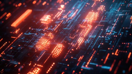 Obraz premium A vibrant digital landscape showcasing interconnected circuits and glowing data points.