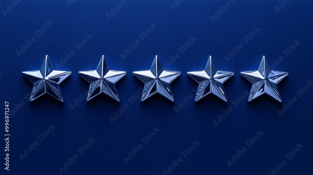 Leinwandbilder five shiny metallic stars are arranged in a straight line against a deep blue background, reflecting