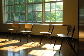 Fototapeta premium Classroom During Recess with Empty Chairs and Desks, a Moment of Stillness Amidst the Bustling School Day