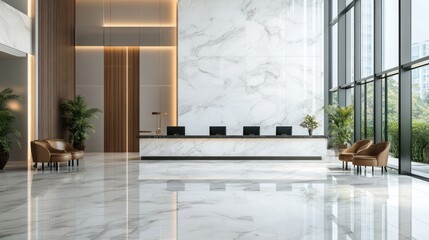 Modern reception area with marble flooring and elegant furnishings.