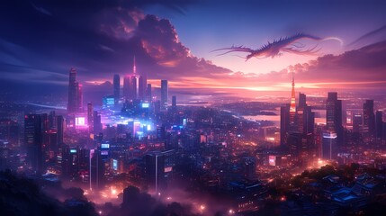 Obraz premium Futuristic Kyoto-inspired cityscape with ancient pagodas and neon towers.
