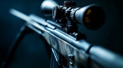 Fototapeta premium A modern rifle with a silencer and a special sight, designed for police and special forces. The photo shows the weapon on a dark background.