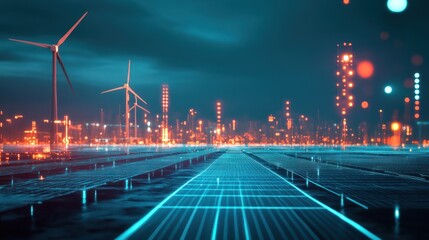 Fototapeta premium A futuristic landscape featuring wind turbines and solar panels in an urban setting.