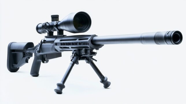 A modern sniper rifle, designed to fire .338 caliber bullets, is shown with a bipod. The rifle stands alone against a clean white background.