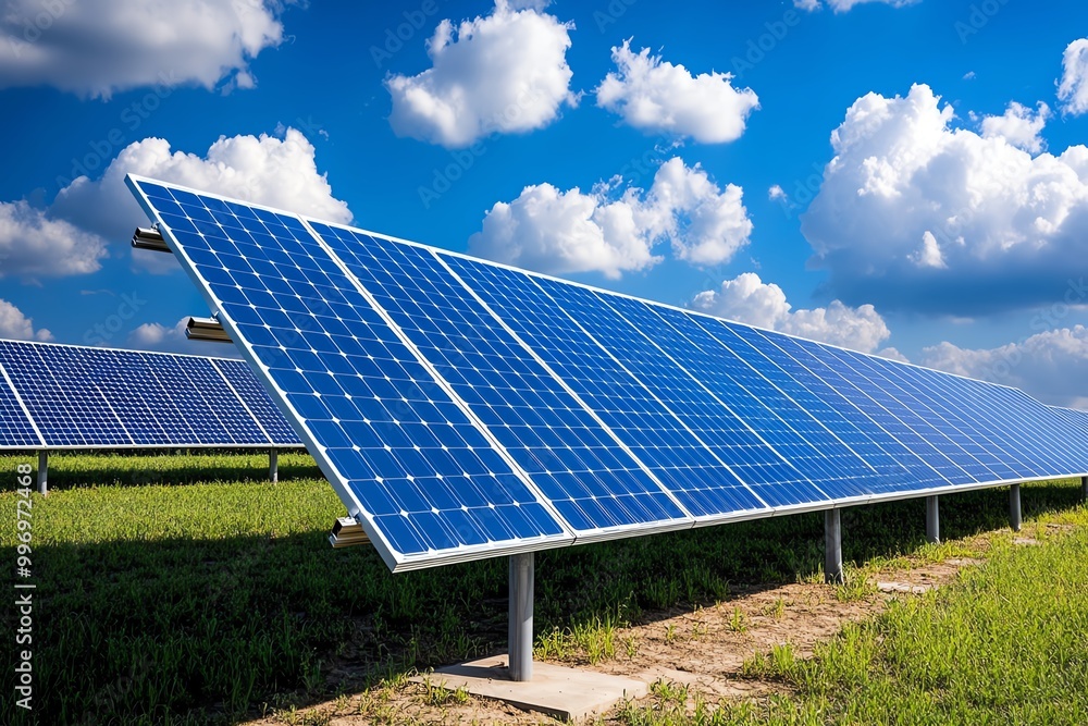 Poster A single solar panel standing alone in a field, symbolizing the simplicity and power of renewable energy in a minimalist design