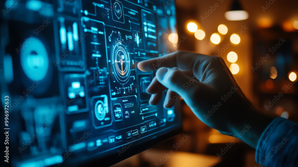 Poster digital interface displaying high-tech data analytics in a modern living room during the evening hou