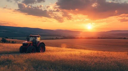 Fototapeta premium A vibrant sunset over a field with a red tractor, symbolizing agricultural life.