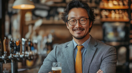 Fototapeta premium Asian Businessman Enjoying a Beer at a Bar