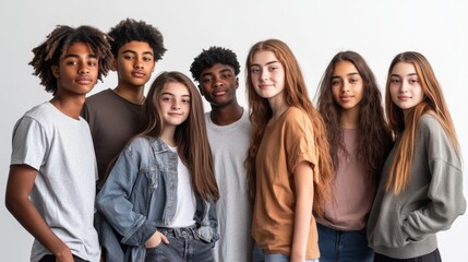 A diverse group of high school students stands closely together, showcasing their unique identities and friendships in a bright, modern environment